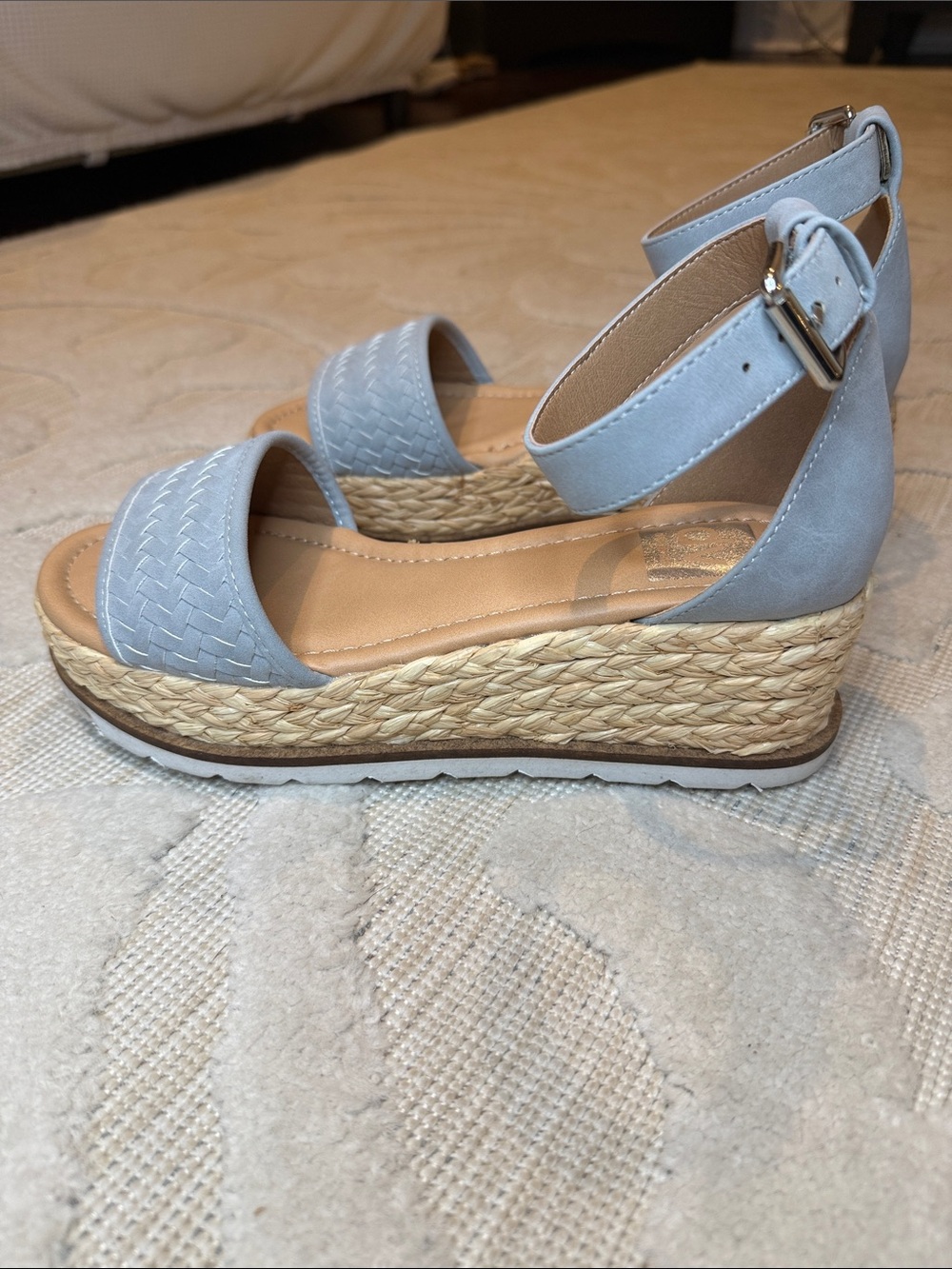 Dolce Vita Light Grey Woven Ankle-Strap Espadrille Wedges